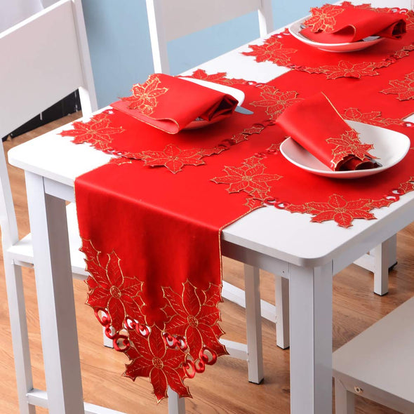Embroidered Poinsettia Flowers Table Runner Sets